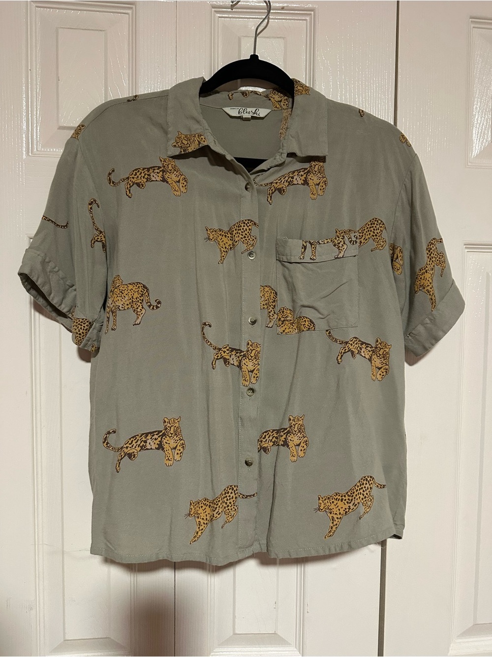 Bliss Sage Green Short-Sleeve Button-Up with Leopard Print